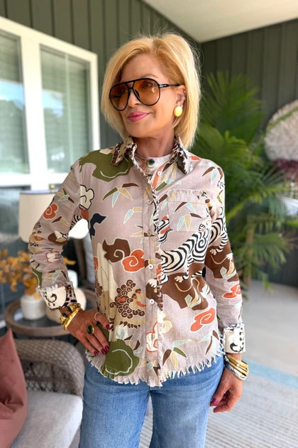 On The Prowl Printed Taupe Long Sleeve Blouse | The Willow Tree