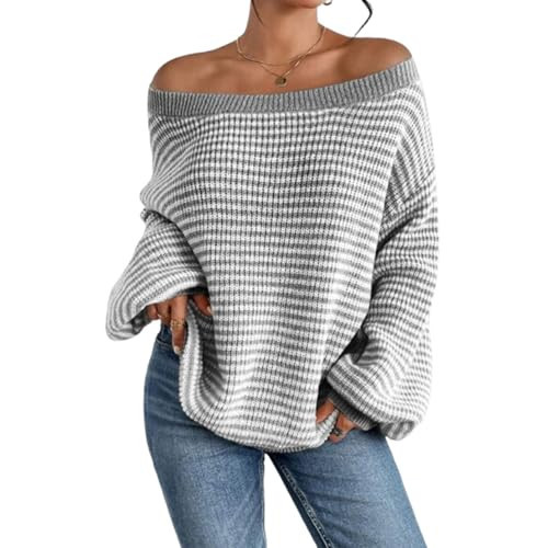 Women's Striped Off-The-Shoulder Pullover Sweater, Knit Mix Women's Loose Striped Knit Sweater with Round Neck (Gray,Medium) | Amazon (US)
