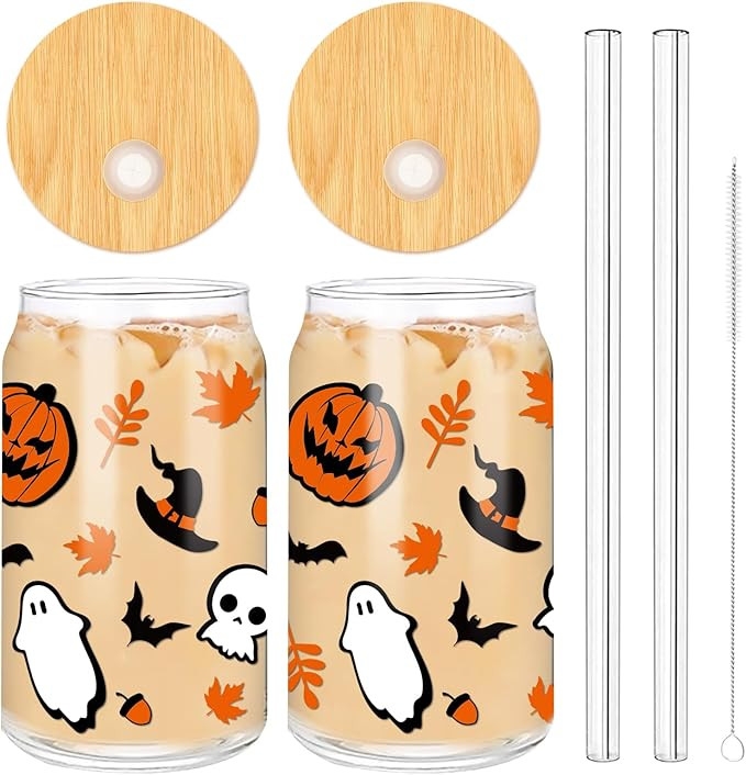 Whaline 2 Pack Halloween Glasses Cups Cute Pumpkin Ghost Bat Drinking Glasses 16oz Halloween Ice ... | Amazon (US)