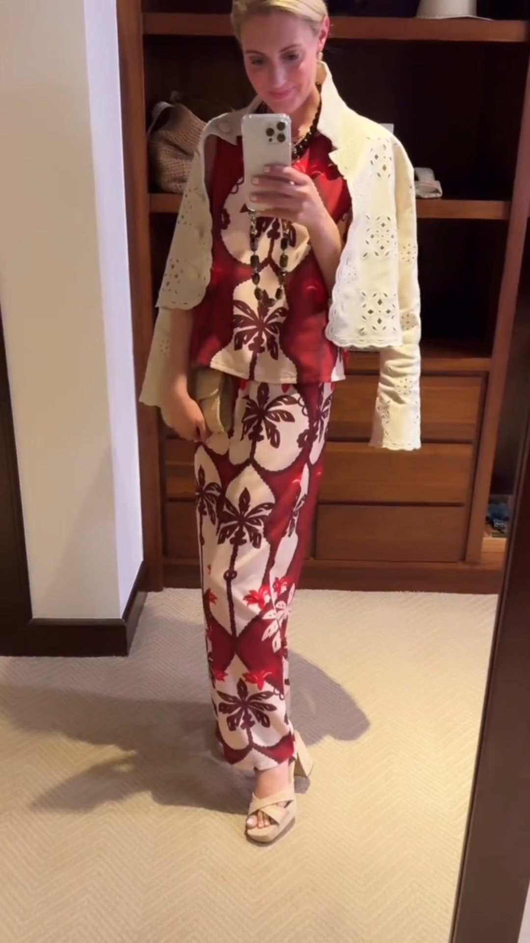 This red and cream palm print maxi dress feels bold without trying too hard, and the lightweight eyelet jacket is perfect when the AC hits at dinner.

#LTKootd #LTKTravel