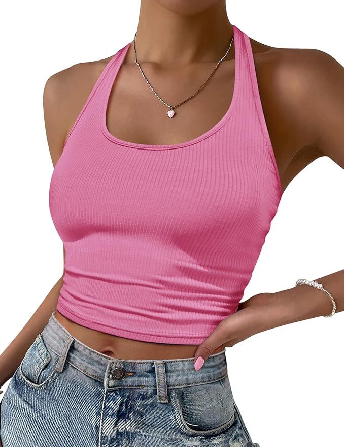 Ekouaer Women Halter Top Backless Scroop Neck Slim Stretchy Ribbed Knit Camisole Crop Tops S-XXL | Amazon (US)