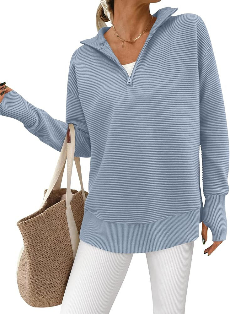 PRETTYGARDEN Womens Long Sleeve Quarter Zip Pullover Sweater Casual Loose V Neck Collared Ribbed ... | Amazon (US)