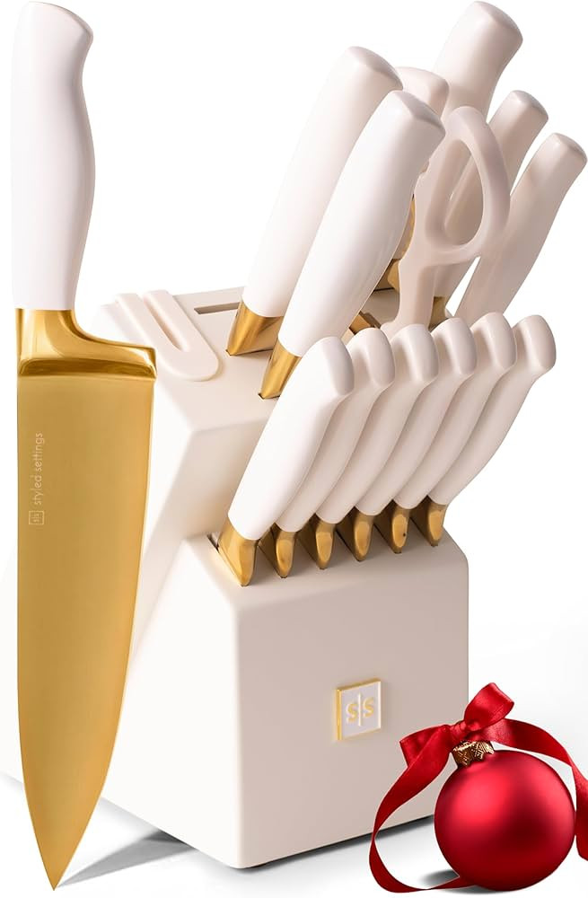 Gold Knife Set with Block Self Sharpening - 14 PC Luxurious Titanium Coated Gold and Off-White Ki... | Amazon (US)