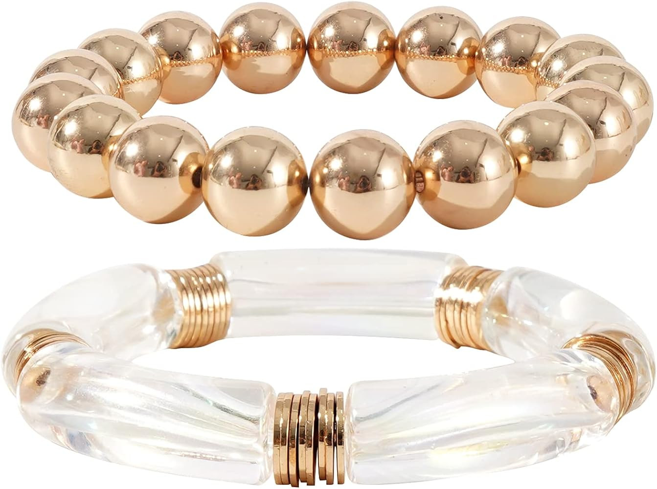 GOOJIDS Simple Beaded Gold Bangles Bracelet Chunky Bamboo Tube Curved Stacking Clear Acrylic Colo... | Amazon (US)