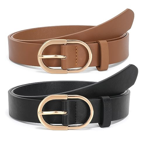JASGOOD 2 Pack Women’s Leather Belts for Jeans Pants Fashion Ladies Belt with Silver Buckle, I-Black+Brown | Amazon (US)