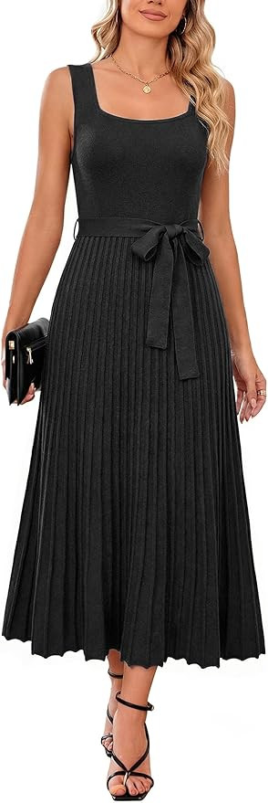 Arach&Cloz Women's Wool Blend Square Neck Tie Waist Pleated Summer Sweater Dress 2026 | Amazon (US)