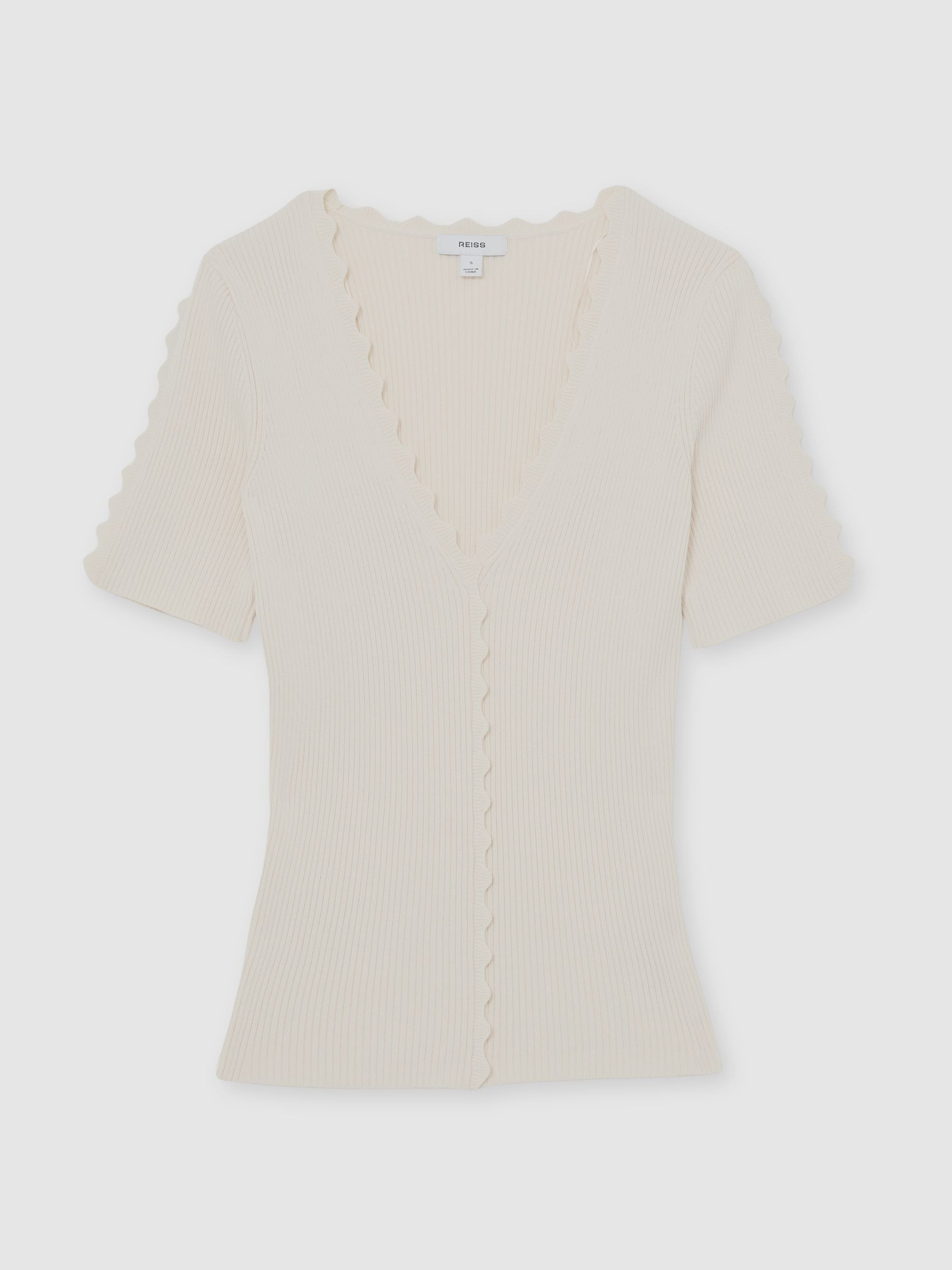 Reiss Scallop-Trim Rib-Knit Top in Ivory - REISS | Reiss UK