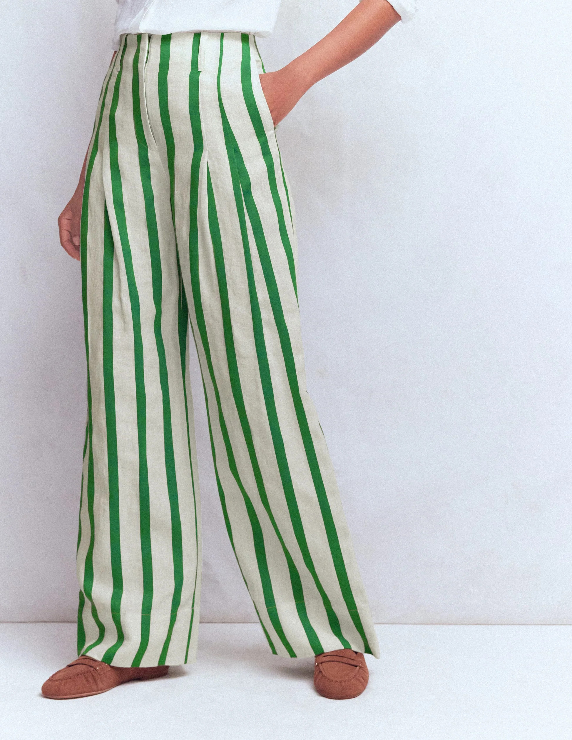 Mayfair Linen Trousers-Ivory, Fresh Green Stripe | Boden UK