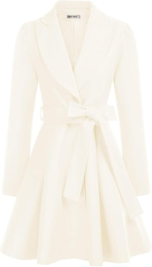 GRACE KARIN Women's Notch Lapel Long Puff Sleeve a Line Pea Coat with Self Tie Belt | Amazon (US)