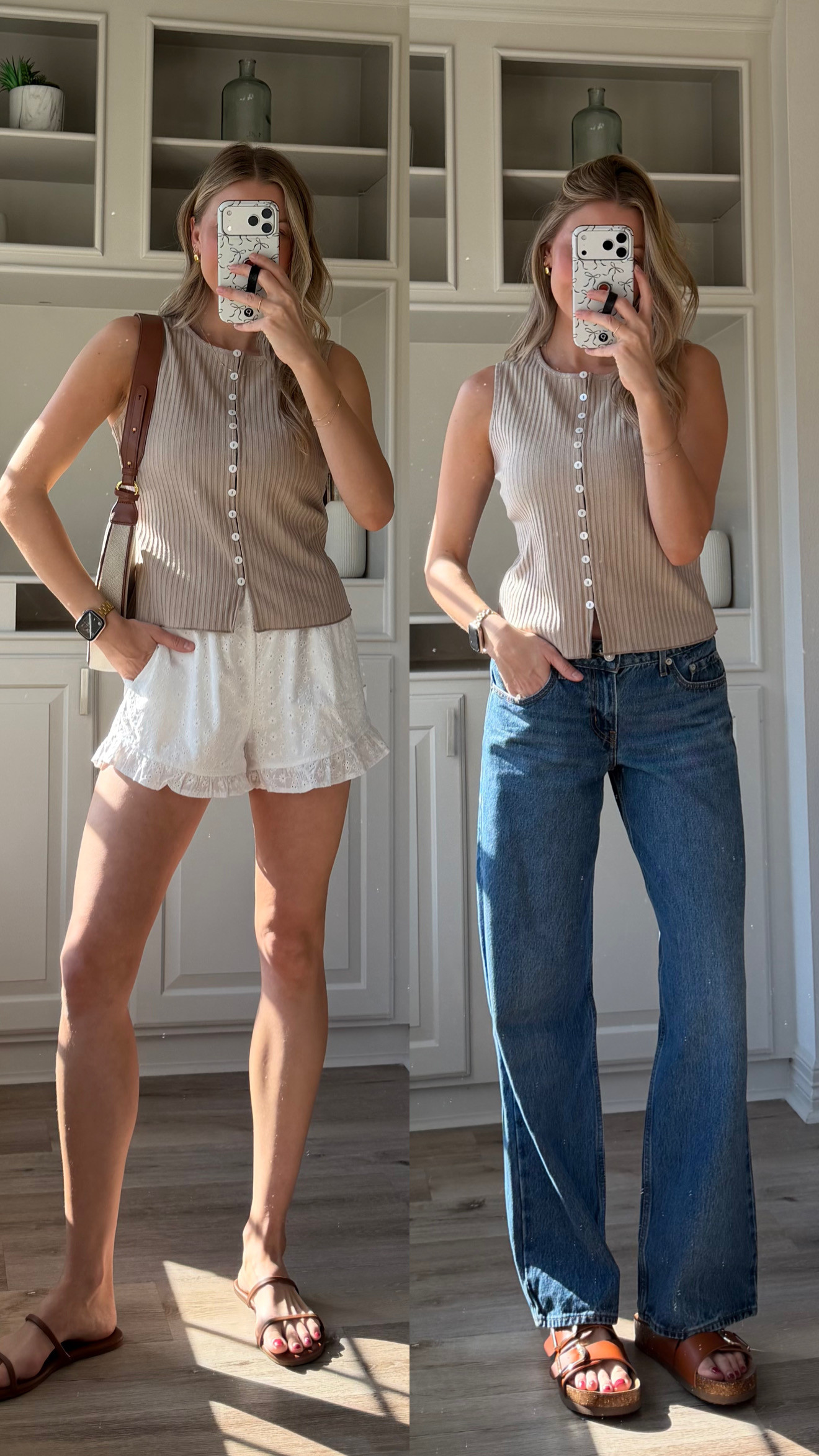 Casual cute mom outfit | S tan button down tank, 27 levi's + s in ruffle white shorts  

 