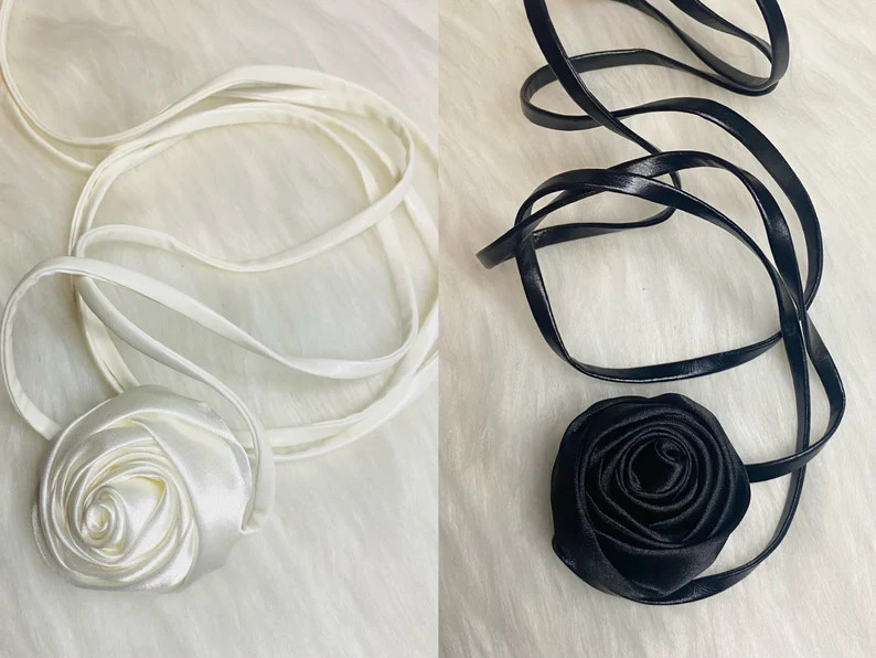 Satin Rose Flower Choker Necklace or Bracelet Ivory White Black - Etsy | Etsy (US)