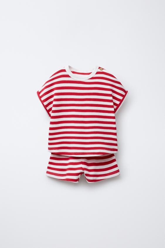 STRIPED WAFFLE T-SHIRT AND BERMUDA SET | Zara US