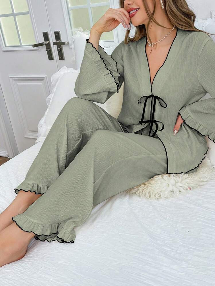 Contrast Color Tie Front Pajama Set With Ruffle Trim Detail | SHEIN USA | SHEIN