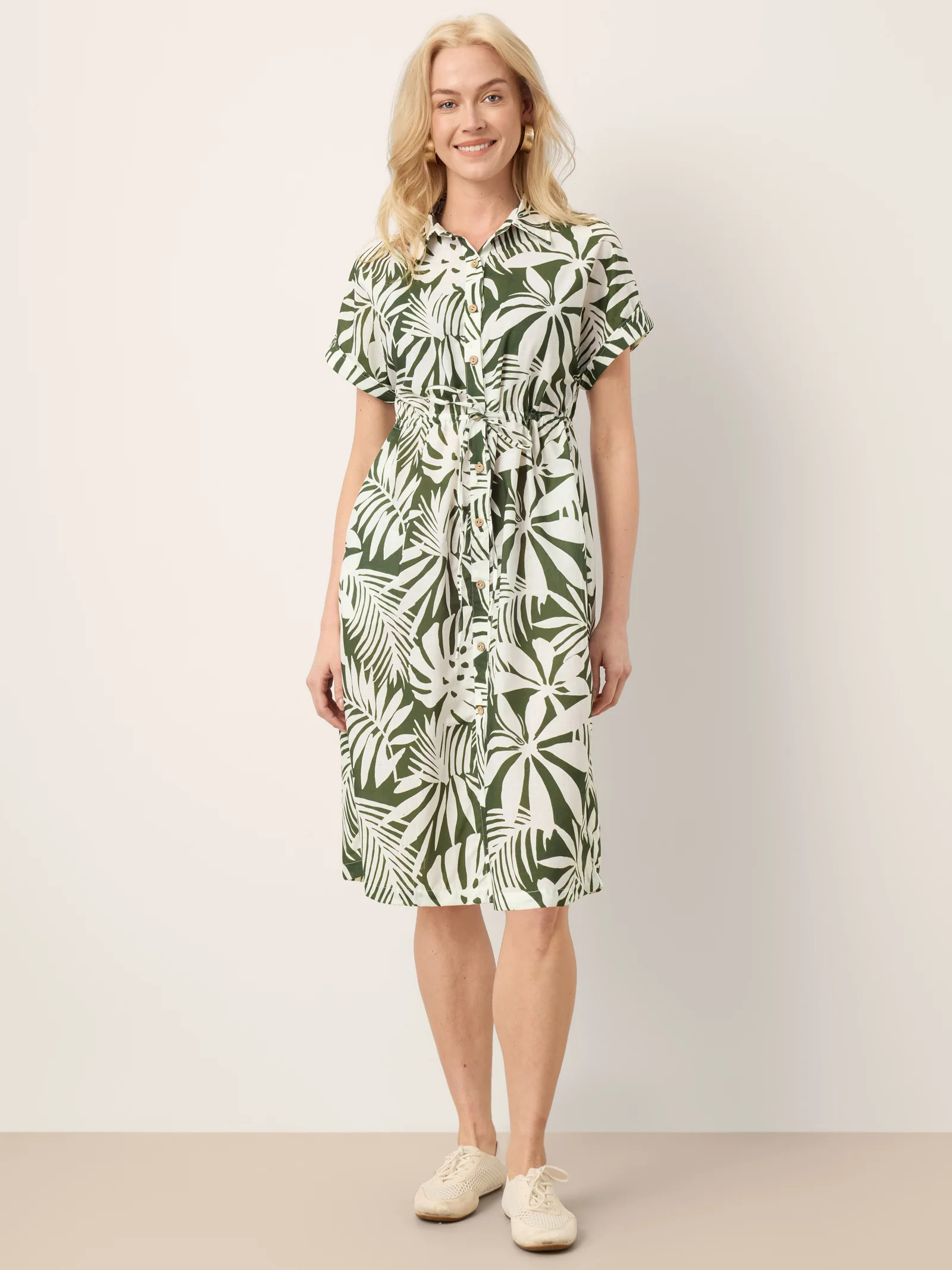 Linen Palm Print Drawstring Waist Cuffed Sleeve Mini Shirt Dress AURELIA | LINTICO