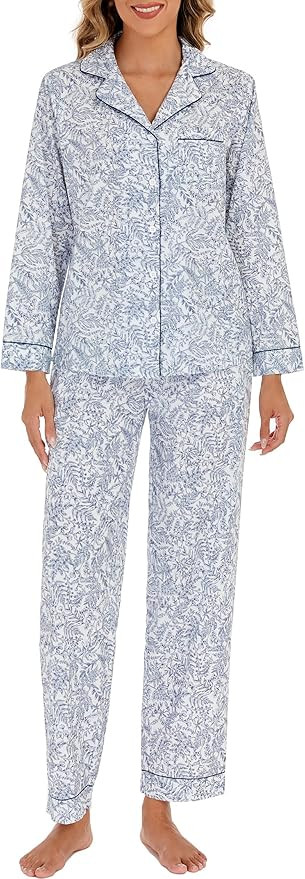 LUBOT 100% Cotton Pajamas for Women 2 Piece PJ Set Woven Poplin Ladies Button Long Sleeve Lightwe... | Amazon (US)