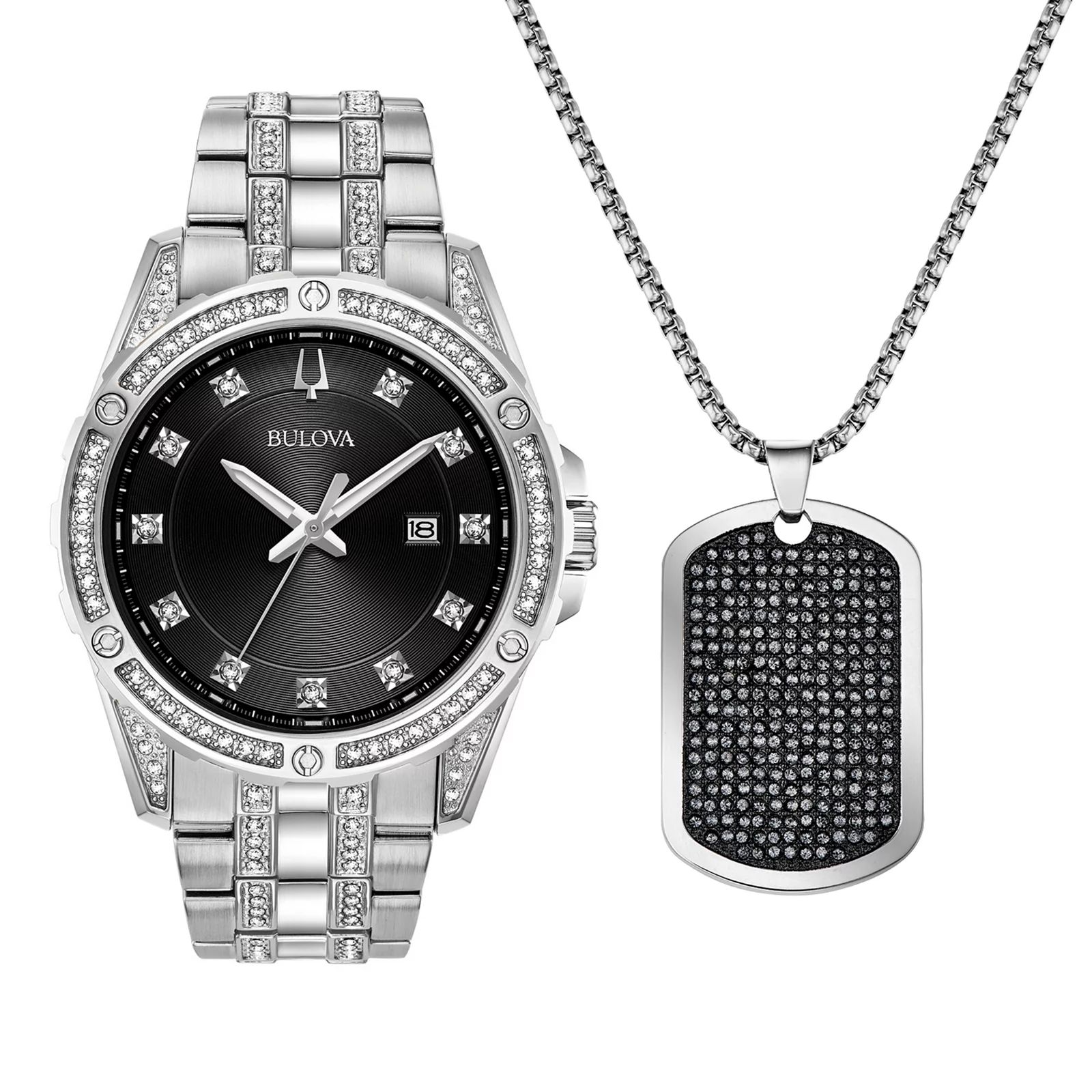 Bulova Men's Crystal Accent Stainless Steel Watch & Dog Tag Necklace Set - 96K104K, Size: Large, Silvertone | Kohl's