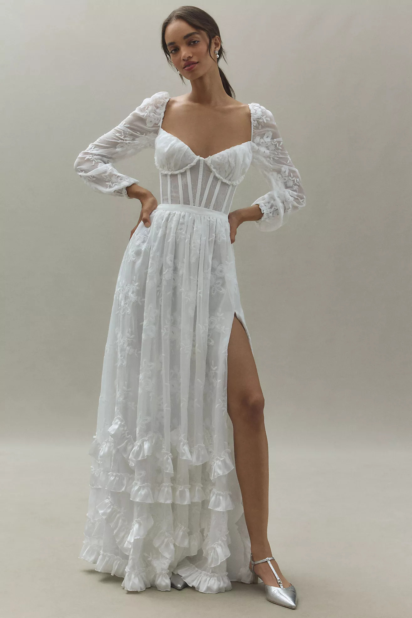 V. Chapman Carmella Long-Sleeve Ruffled Chiffon Maxi Dress | Anthropologie (US)