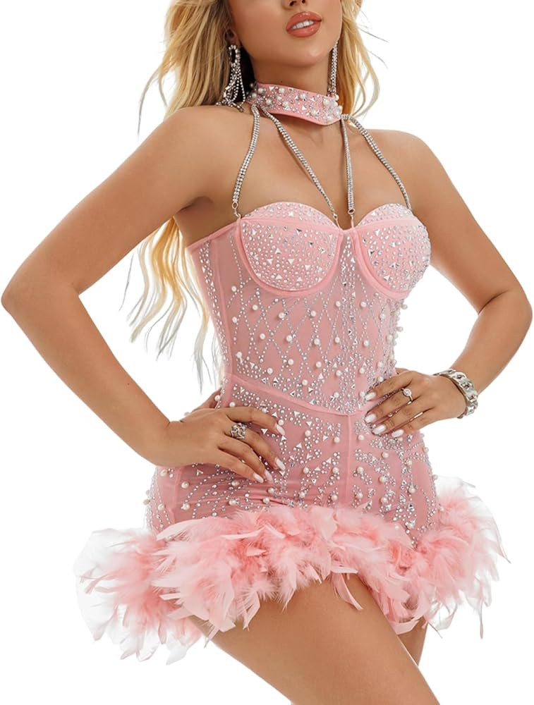 Sexy Feather Rhinestone Backless Mesh Sheer Burlesque Outfit Nightout Clubwear Birthday Party Dre... | Amazon (US)