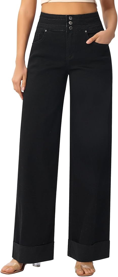 roswear Women's High Waisted Stretchy Wide Leg Jeans Cuffed Baggy Jeans Loose Denim Pants | Amazon (US)