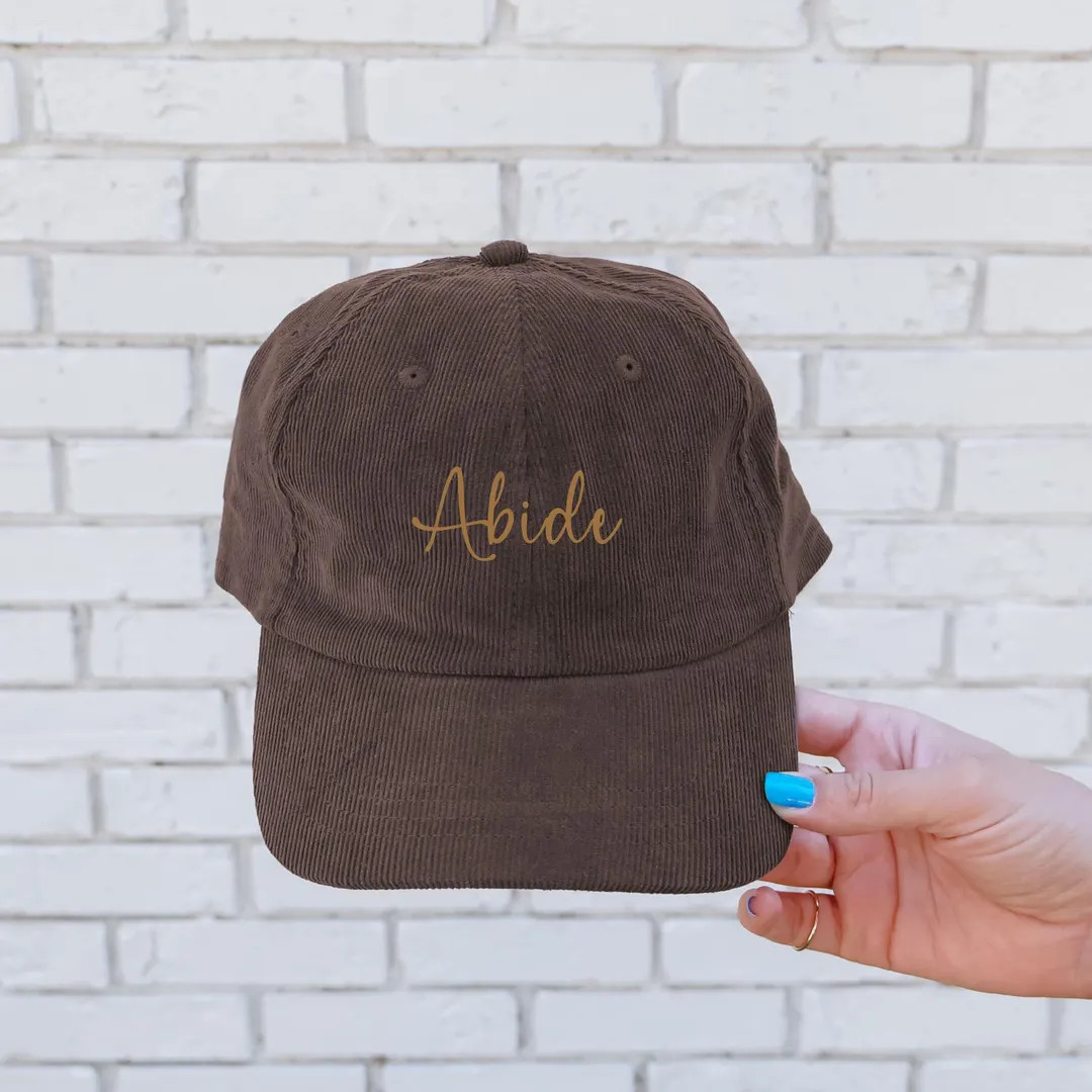 Abide Script Modern Corduroy Cap Embroidered Brown Hat for Adult Christian Hat Minimalist Fall St... | Etsy (US)