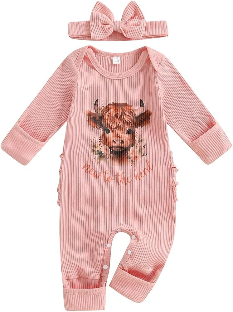 WZTYYDS Newborn Baby Girl Clothes Ribbed Romper Print Long Sleeve Jumpsuits Bow Headband Set Infa... | Amazon (US)