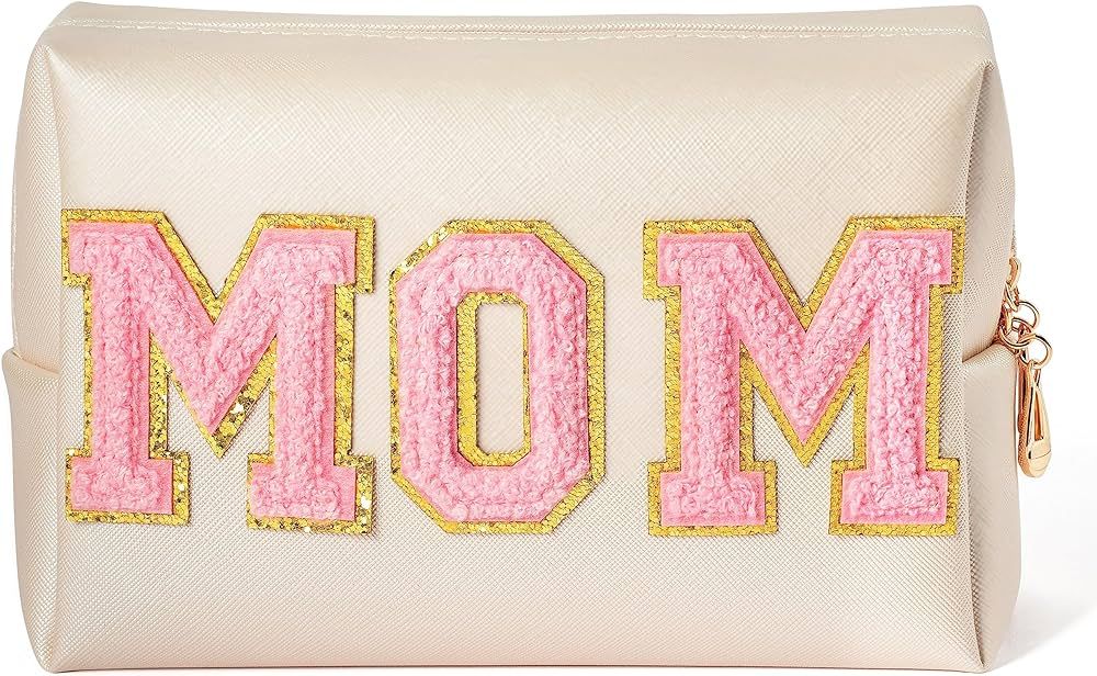 Y1tvei Preppy Patch MOM Varsity Letter Cosmetic Toiletry Bag PU Leather Portable Waterproof Makeu... | Amazon (US)