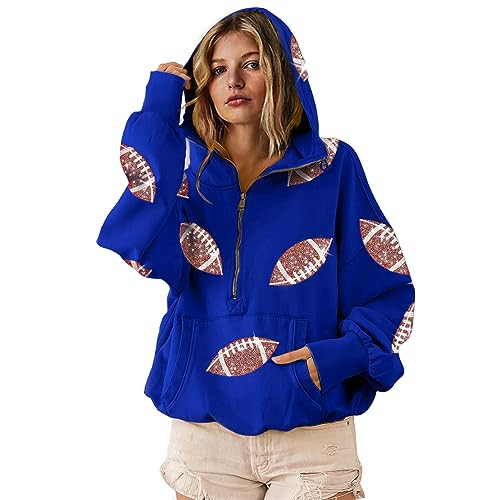 SeekMe Womens Game Day Sweatshirts Football Sequin Hoodies Tailgate Outfits Long Sleeve Zipper Sw... | Amazon (US)