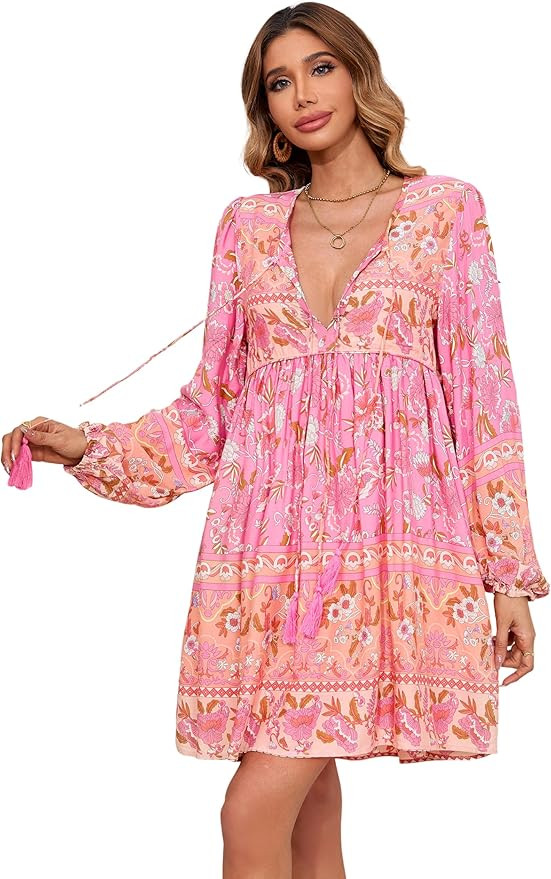 R.Vivimos Womens Long Sleeve Floral Casual Print Cotton Mini Tunic Dress | Amazon (US)