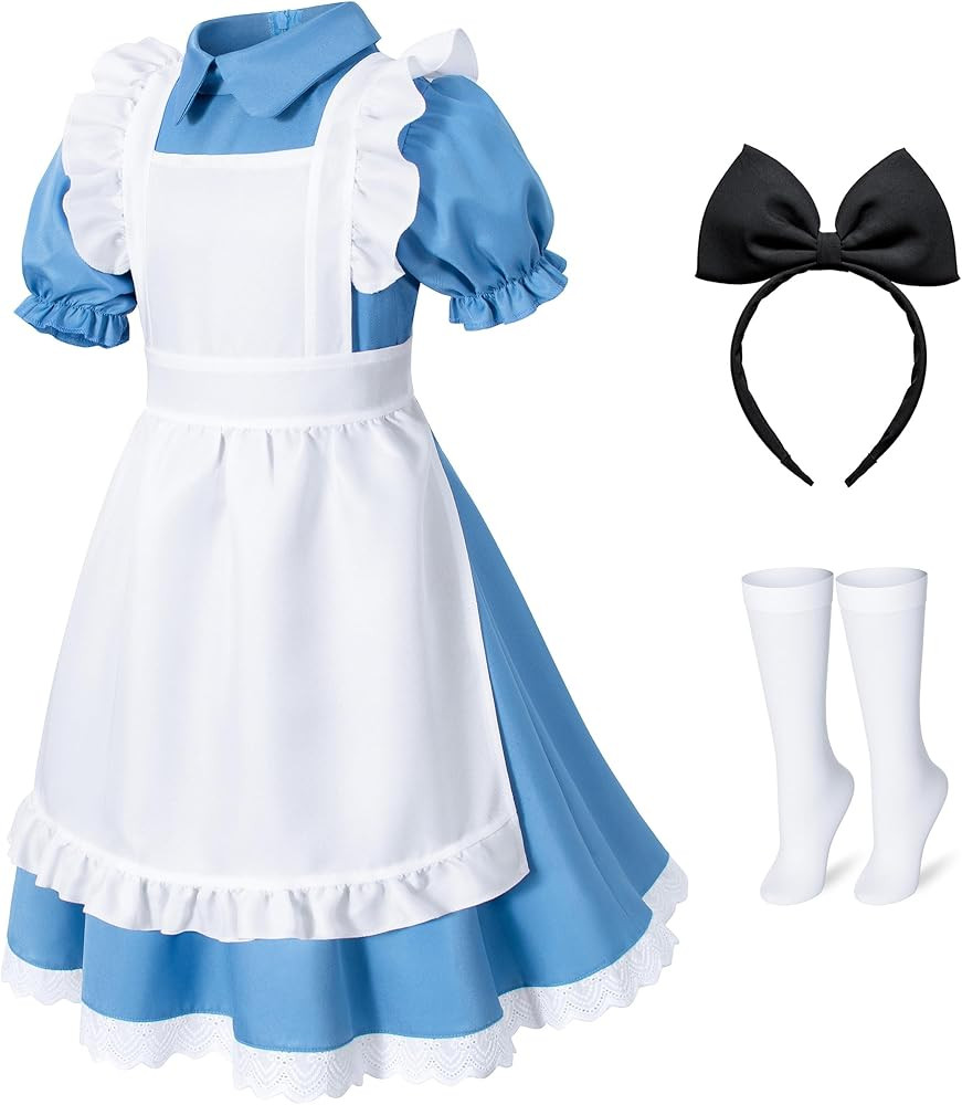 Irtysh Girl Blue Dress White Apron Halloween Cosplay Costume With Bow Hair Band Stockings Set | Amazon (US)