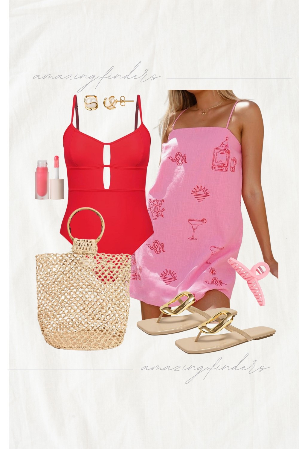 This outfit idea includes a dress, a bag, lip gloss, hair clips, and more. Love this spring break dress outfit idea! 🌸 Flowy, fresh, and perfect for sunny adventures or beachside cocktails. Dress to impress while staying comfy! #SpringBreakStyle #DressInspo #VacationVibes #OOTD Amazing Finders finding the best of Amazon and LTK. 
CUPSHE Women's One Piece Swimsuit Scoop Neck Adjustable Straps Cutout Back Self Tie Bathing Suit,
NUFIWI Women Boho Graffiti Cami Mini Dress Spaghetti Strap Printed A Line Short Dress Backless Cut Out Colorful Sundress,
MAR Y SOL Women's Willow Bucket Bag,
Coutgo Womens Flat Sandals Comfortable Flip Flops Slide Sandals Summer Beach Shoes with Metal Decoration,
Barzel 18K Gold Plated Caged Pearl Stud Earrings, 6MM - Made In Brazil,
Summer Fridays Dream Lip Oil - Tinted Lip Oil with Moisturizing Sheer Coverage, High-Shine and Deep Hydration - Non-Sticky Formula for Long-Lasting Softness - Pink Cloud (0.15 Oz) 

#LTKTravel #LTKSwim #LTKStyleTip