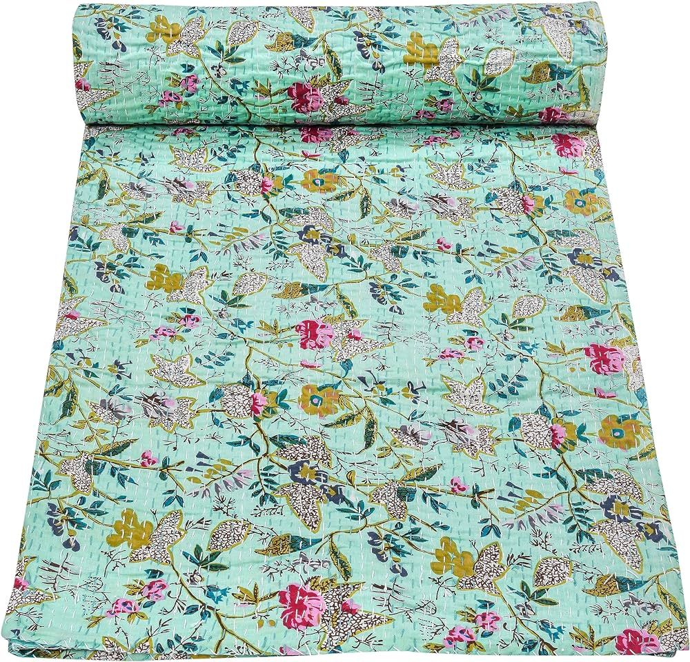 Marubhumi Indian Handmade Vintage Kantha Paradise Quilt, Reversible Kantha Quilt (Mint, Twin (60"... | Amazon (US)