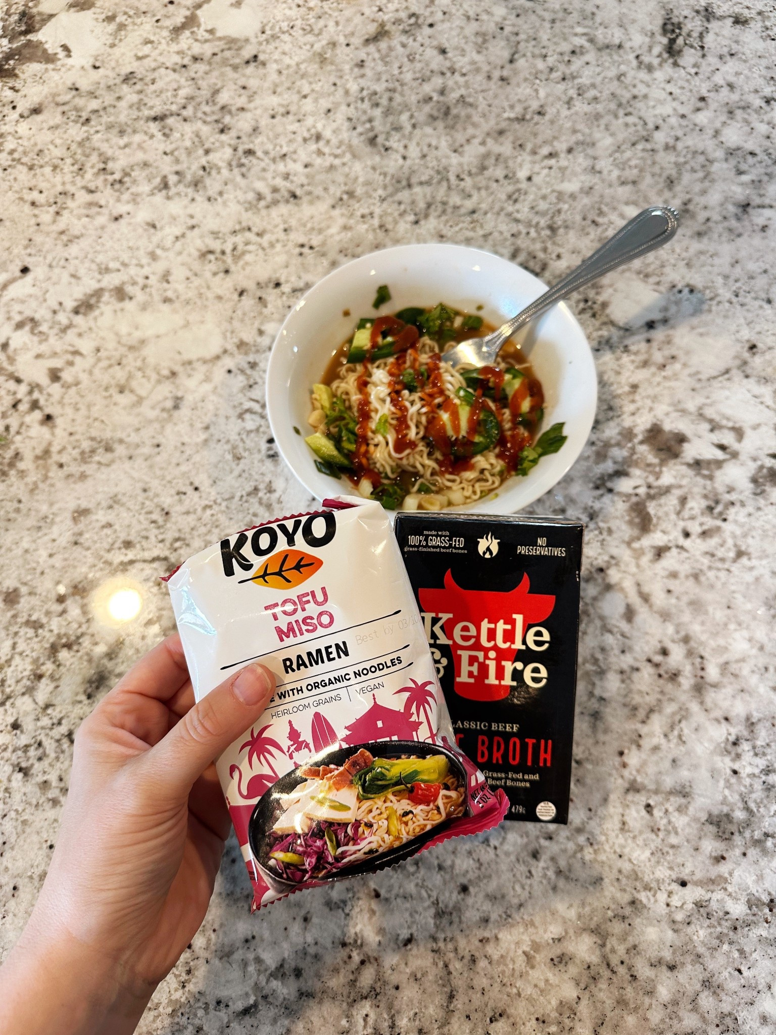 A favorite high protein combo for the last year! 25 grams of protein combined. 🔥 We have this several times per week for lunch. So good alone or with some jalapeños, and added greens phö style. I love mine with a splash of fresh lime juice! 

#LTKActive #LTKFamily
