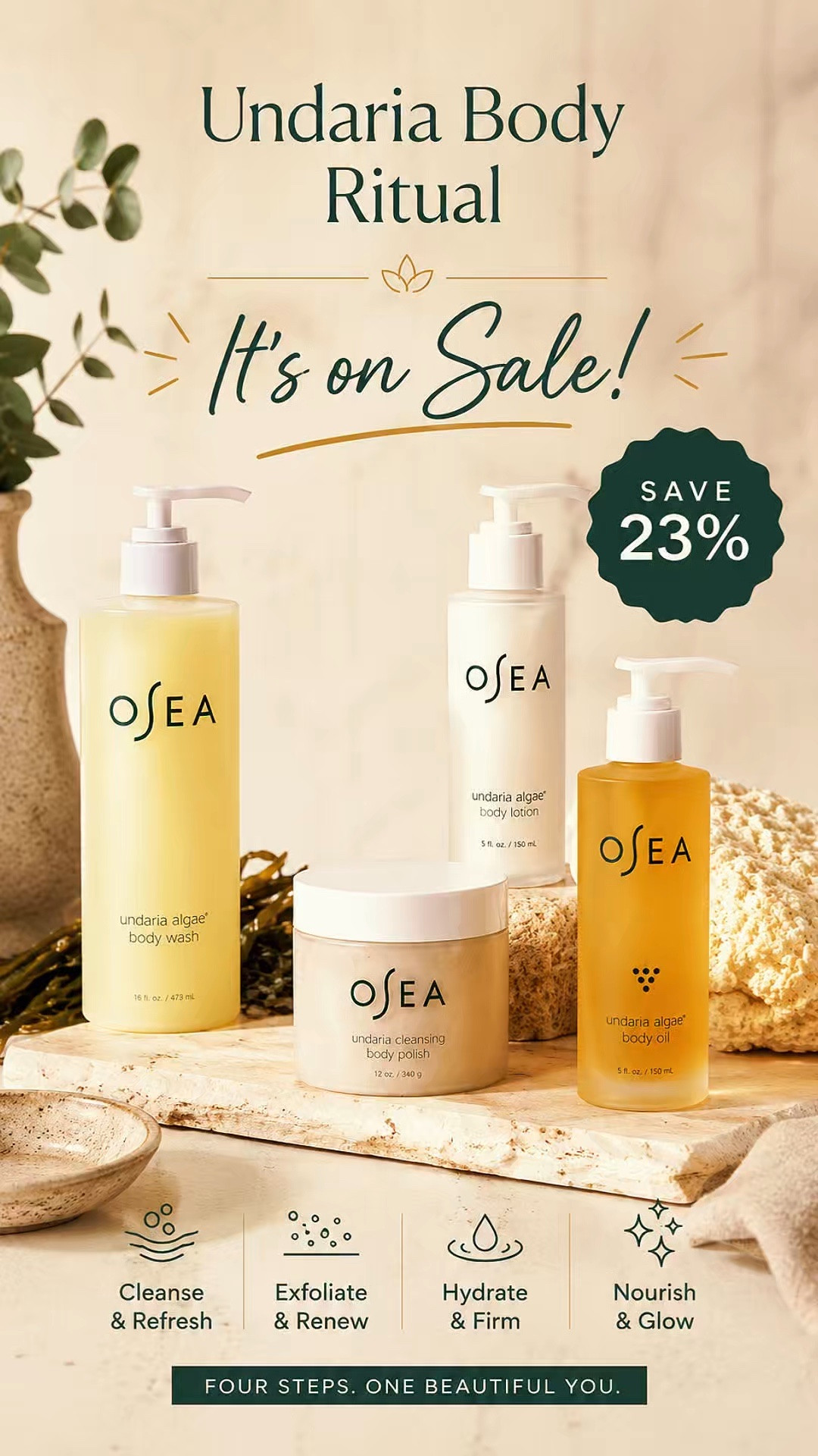 OSEA Undaria Body Routine, OSEA body oil, OSEA body lotion, OSEA body wash, OSEA body polish, body care sale, luxury body care, glowing skin, hydrated skin, soft skin, self care routine, clean beauty, summer skincare, beauty deals, skincare over 50, anti-aging body care, spa at home, healthy glowing skin