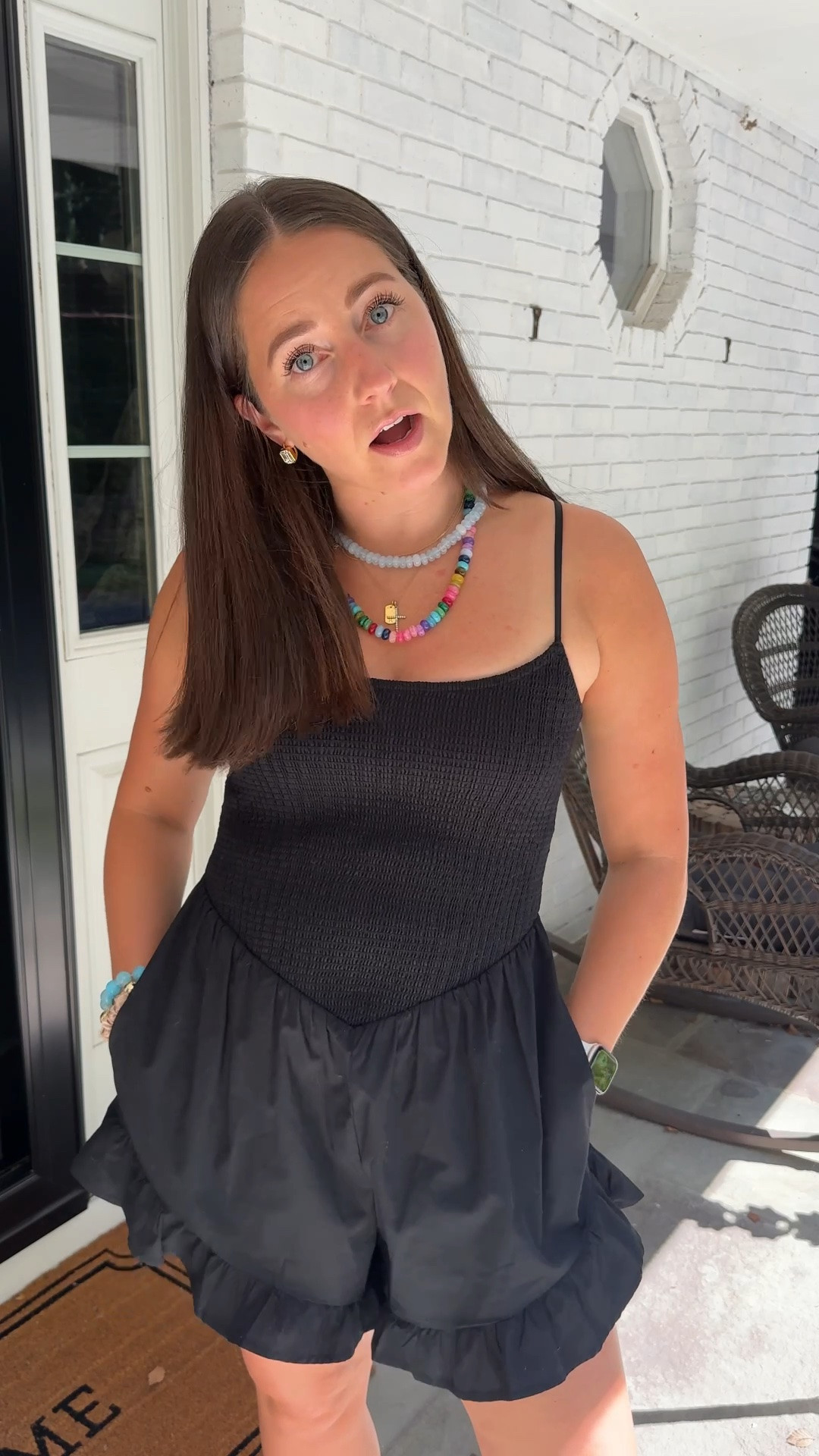 What I’m wearing today!! Romper is on sale & extra 15% off with code DENIMAF
Wearing size small in romper 
Necklaces & bracelets are 25% off today!

#LTKSaleAlert #LTKmomlife #LTKootd