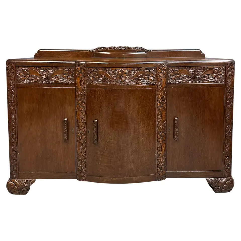 1920s Art Nouveau English Carved Sideboard in Oak | 1stDibs