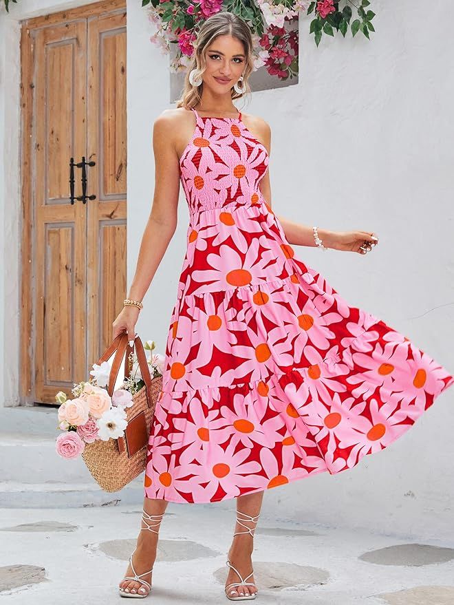 BerryGo Women's Summer Sundresses Halter Floral Maxi Dress Boho Beach Vacation Long Flowy Backles... | Amazon (US)
