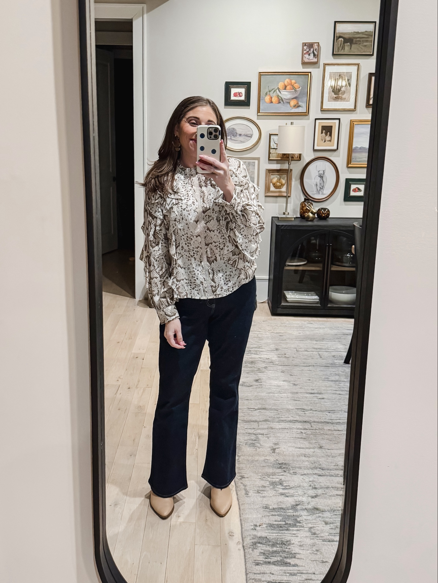 What I wore on a quick spontaneous date night with friends to grab drinks and apps. This blouse is lightweight and so fun with all the ruffles. And then these AF jeans are a perfect pairing with the dark wash and bootcut style 
Top M / Jeans 10 / Shoes tts (very old so I’ll link similar) 

#LTKMidsize #LTKootd