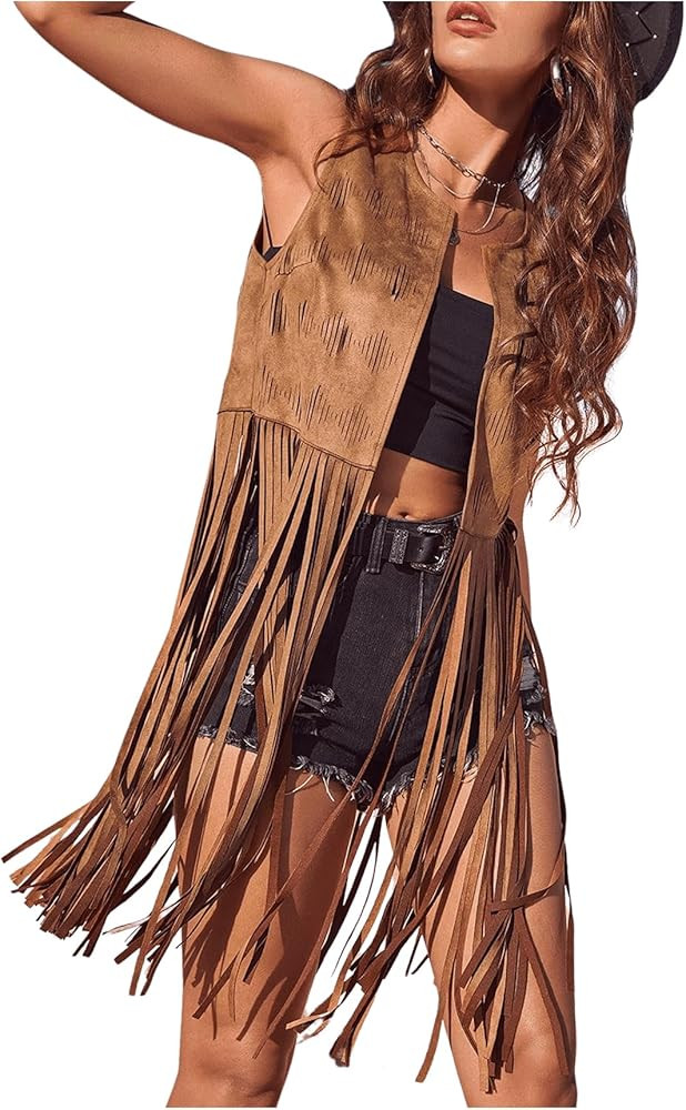 Women's Fringe Vest Sleeveless 70s Hippie Faux Suede Trim Western Cowgirl Tassel Jacket Cardigan | Amazon (US)