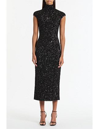 BLACK CRUSHED SEQUIN CAP SLEEVE MIDI DRESS | David Jones (Australia & New Zealand)