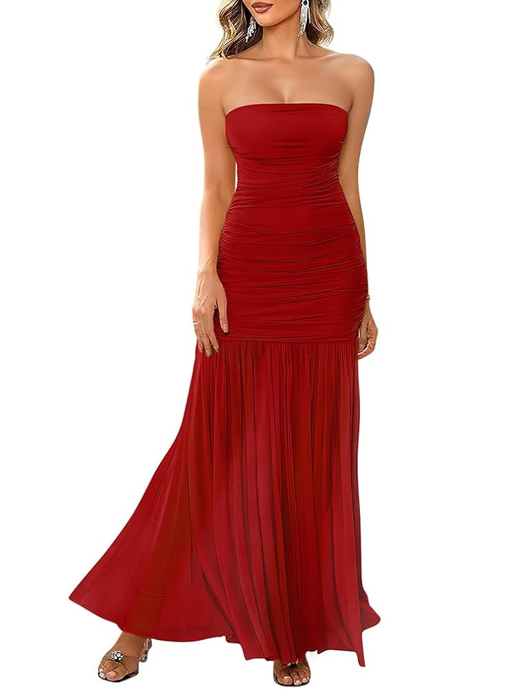 LAGSHIAN Women's Elegant Tube Mesh Maxi Dress Strapless Ruched Bodycon Formal Evening Long Dresse... | Amazon (US)