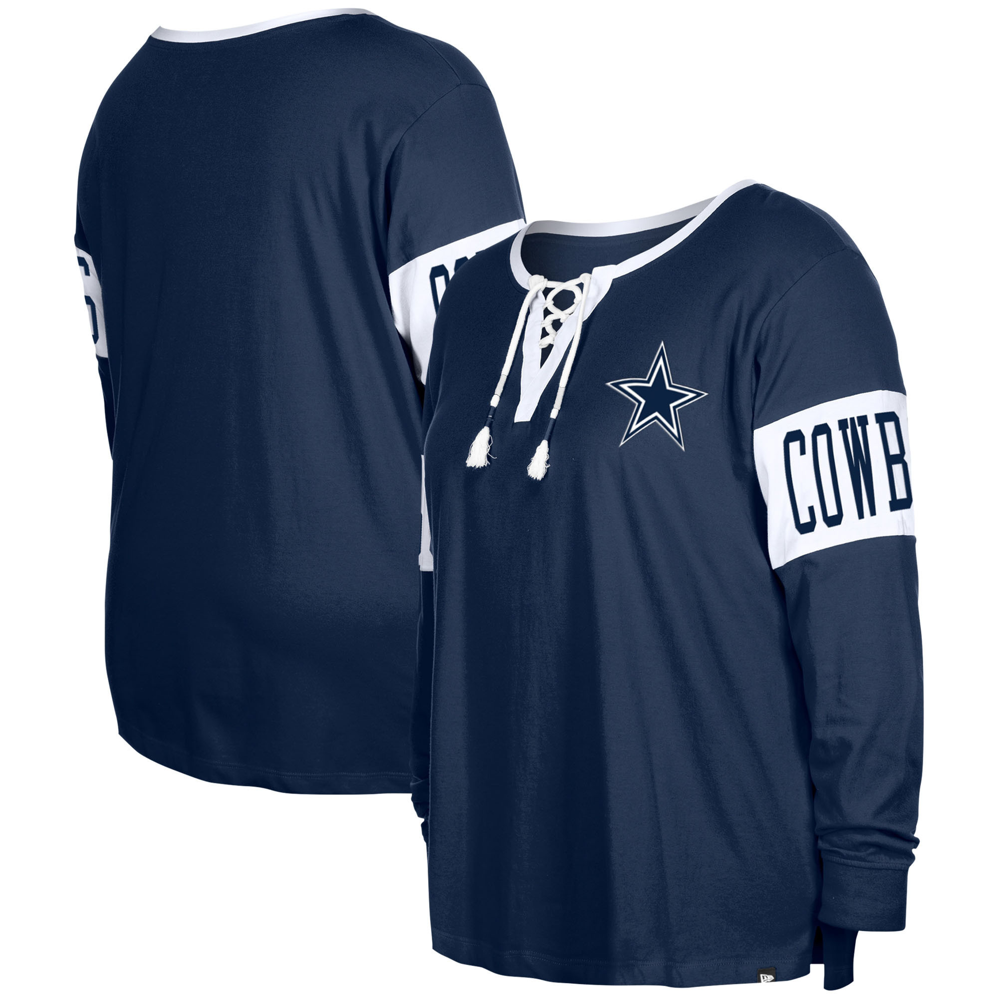 Women's New Era Navy Dallas Cowboys Plus Size Lace-Up Notch Neck Long Sleeve T-Shirt | Fanatics
