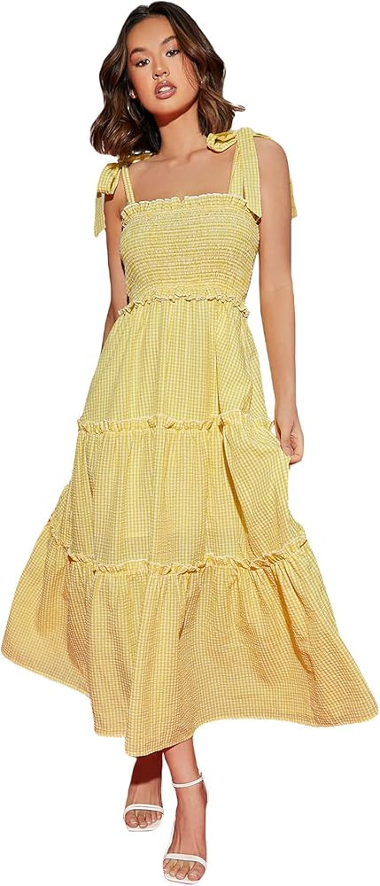 Floerns Women's Summer Boho Floral Print Tie Strap A Line Long Maxi Dress | Amazon (US)