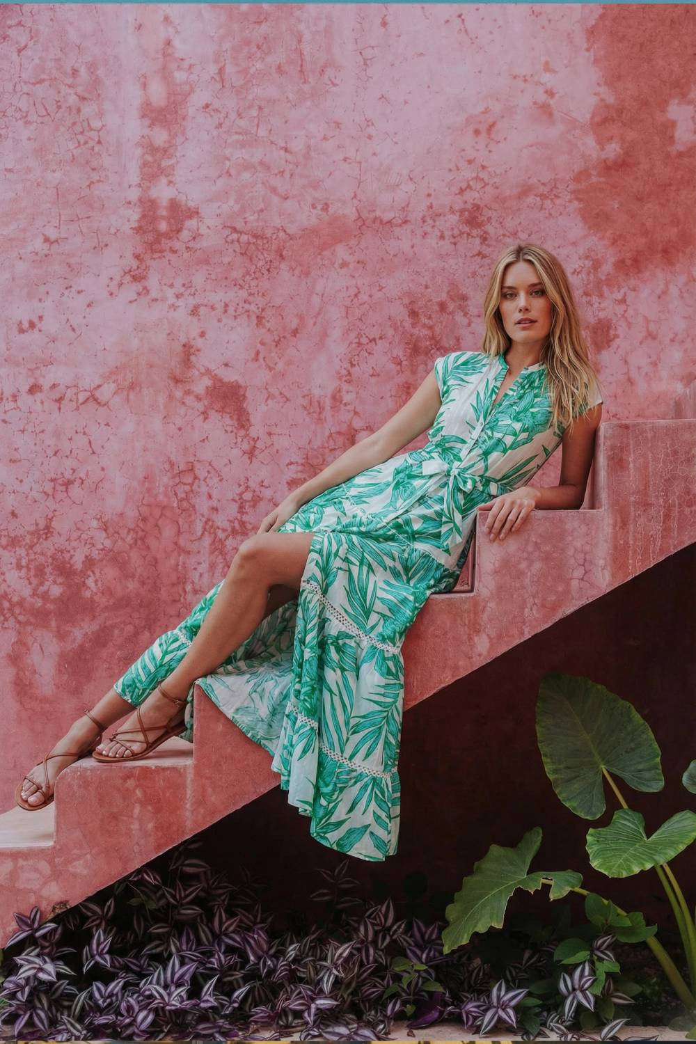 Long Dress Kora - Green Palm Leaf | Poupette St Barth