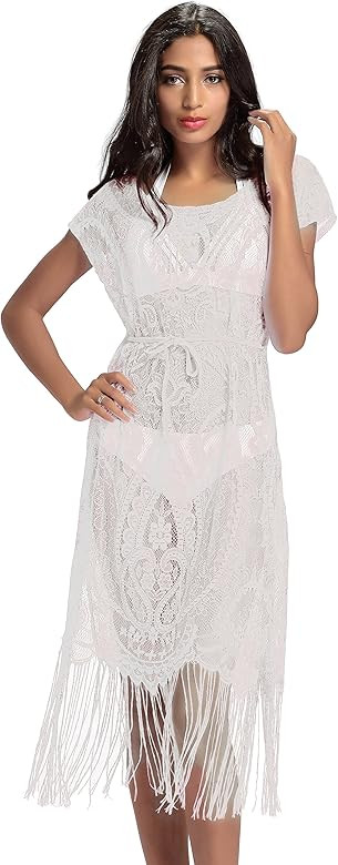 Costyleen Summer Womens Beach Wear Cover up Swimwear Bikini Lace Floral Long Maxi Beach Dress | Amazon (US)