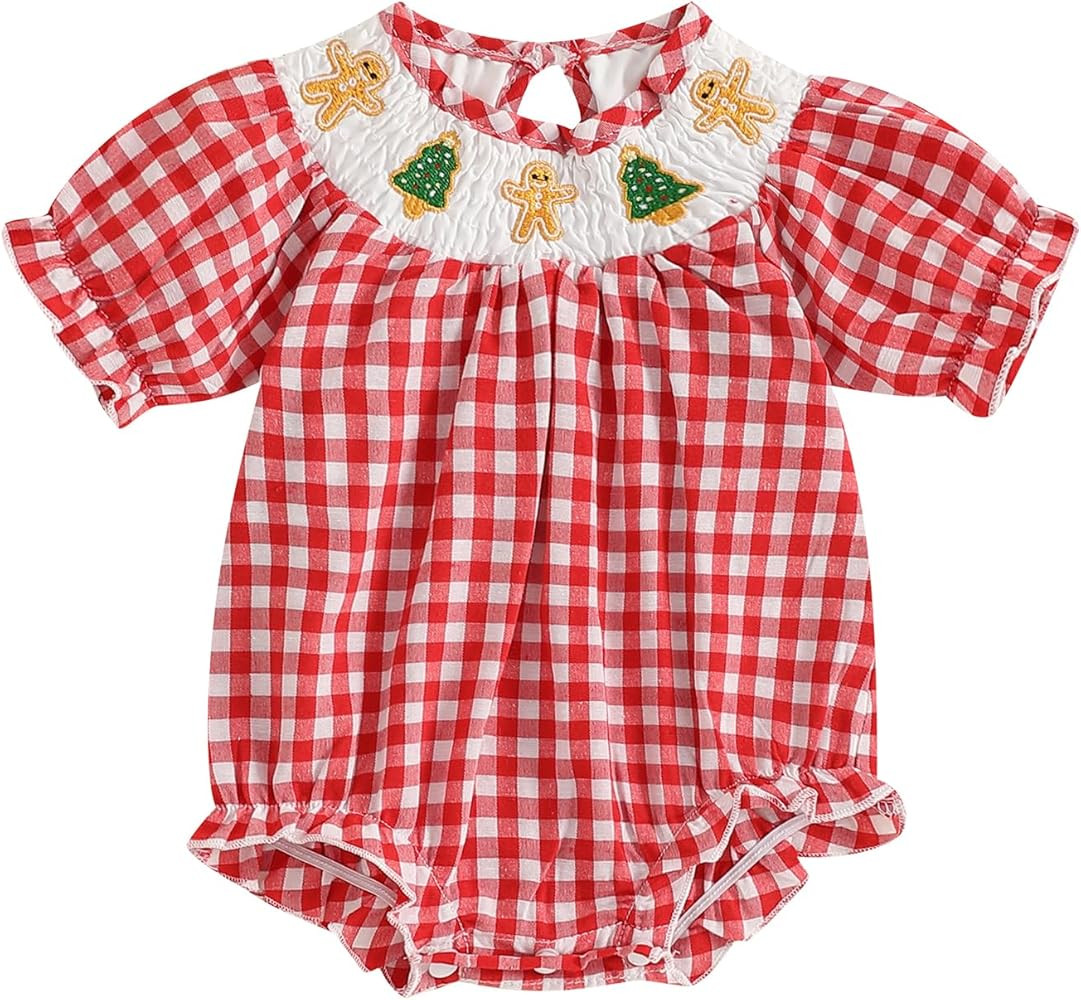 Amazon.com: Ayalinggo Christmas Smocked Baby Girl Outfit Infant Plaid Bubble Romper Santa Claus G... | Amazon (US)