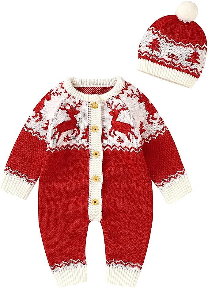 Fyzeg Baby Christmas Sweater Toddler Reindeer Jumpsuit 0-18 Months Baby Girl Christmas Outfit Bab... | Amazon (US)