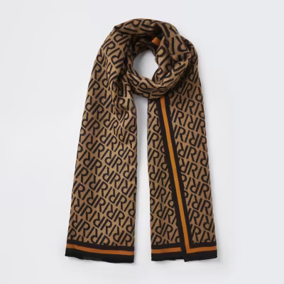 Brown RI monogram print scarf | River Island (UK & IE)