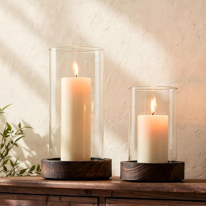 Set of 2 Hurricane Candle Holders with Wood Base & Glass Cylinder (4.2x5.9\u201d & 4.6x7.8\u201d)... | Amazon (US)