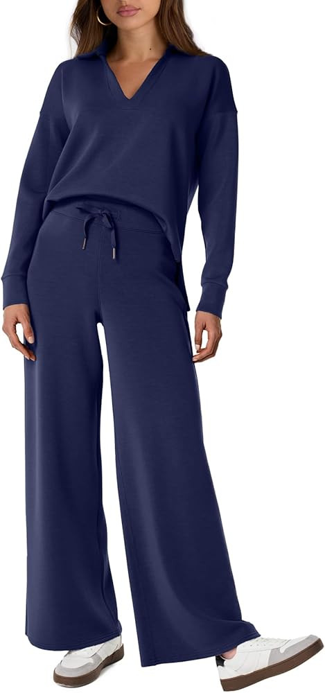 Glamaker Women's 2 Piece Sets Outfits Casual Long Sleeve Sweatsuits Polo Top and Wide Leg Pants M... | Amazon (US)