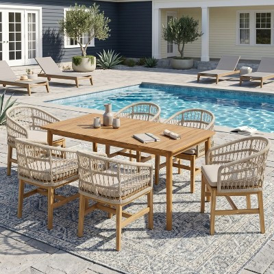 Christopher Knight Home Nero Modern 7 Piece Patio Acacia Wood and Rope Dining Set with Cushion, Teak/Beige | Target